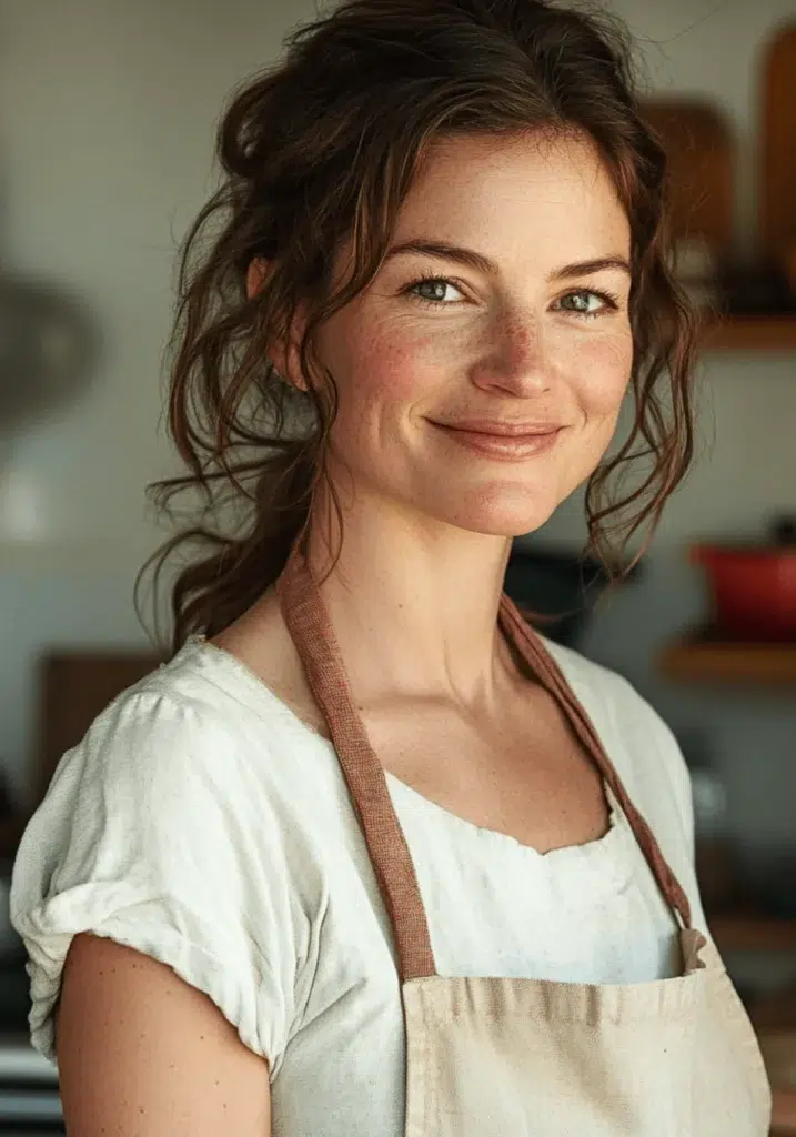 Katie Parker, smiling in her sunny California kitchen, holding a wooden spoon with a pot simmering on the stove.