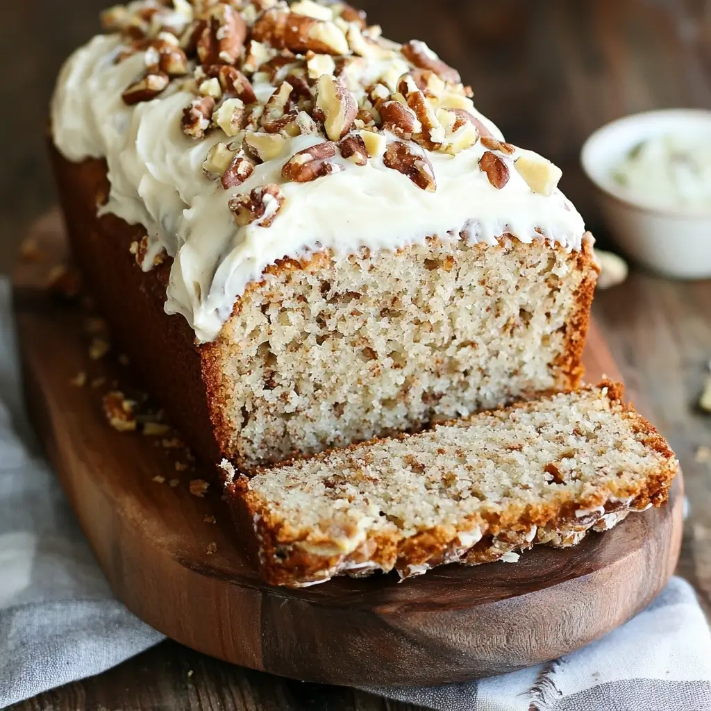 hummingbird bread with cream cheese frosting on rustic board