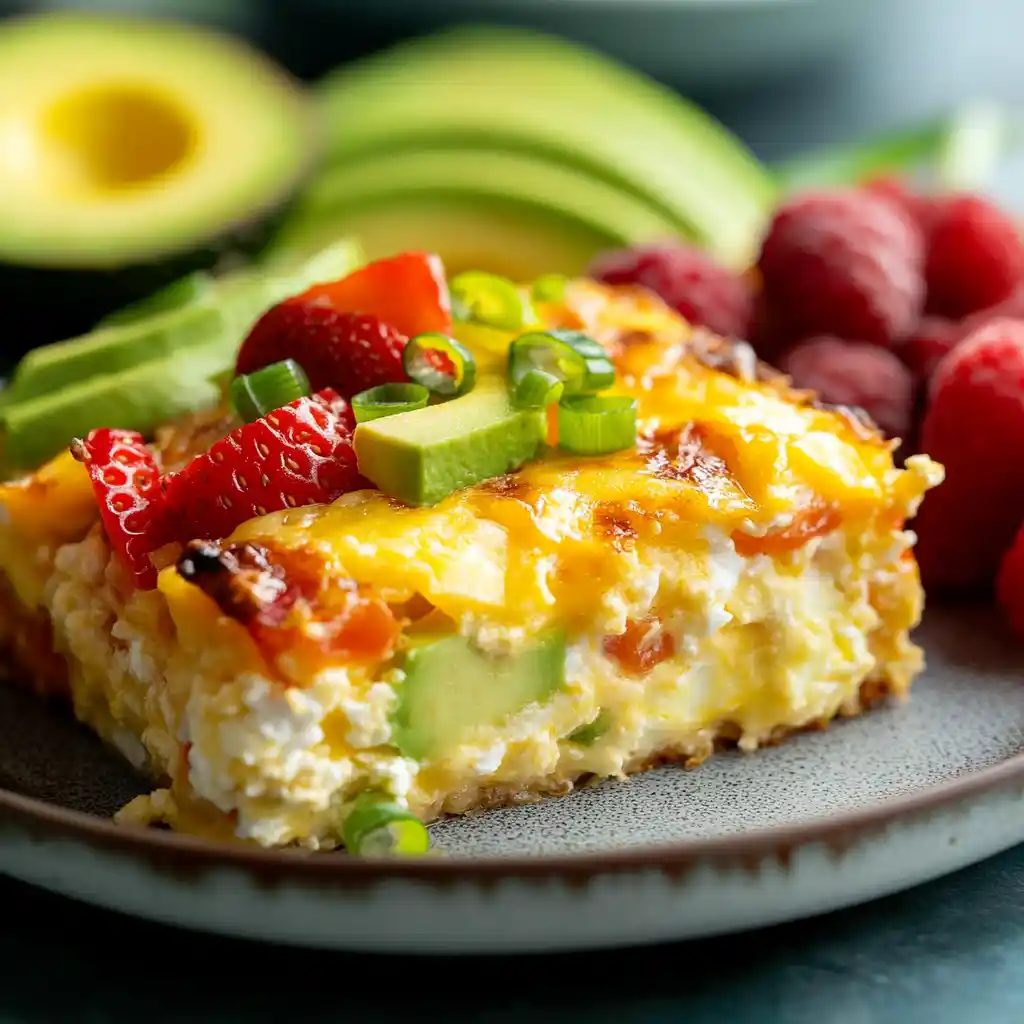 Best Breakfast Casserole with Cottage Cheese to Try 15 Slice of breakfast casserole with cottage cheese topped with avocado