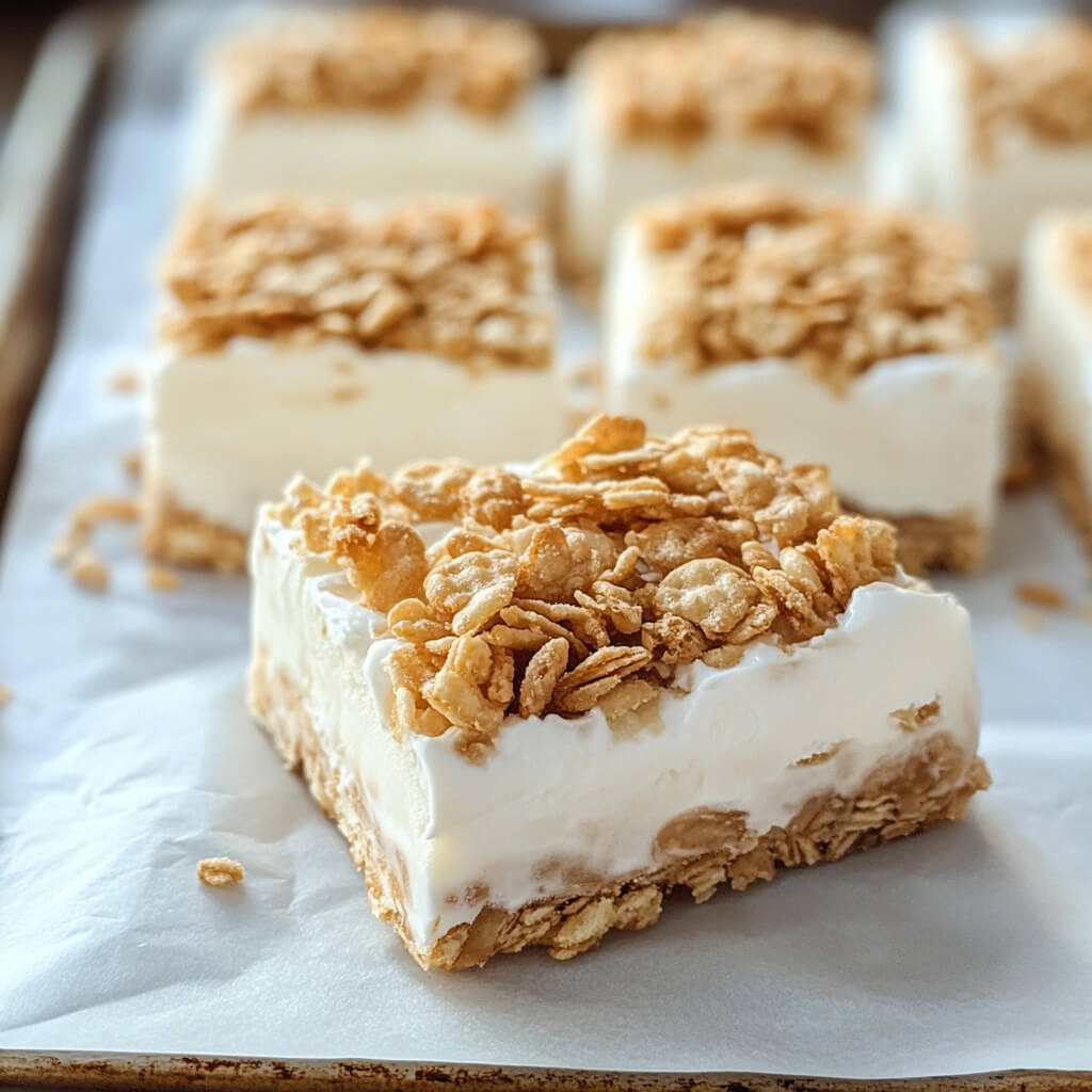 rice krispie ice cream dessert with toasted cereal layers