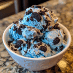 Homemade cookie monster ice cream in a bowl with cookies