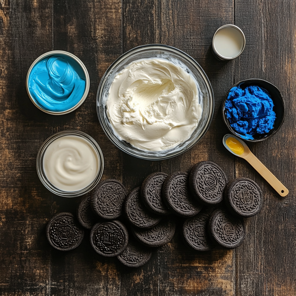 Ingredients for homemade cookie monster ice cream on a kitchen table