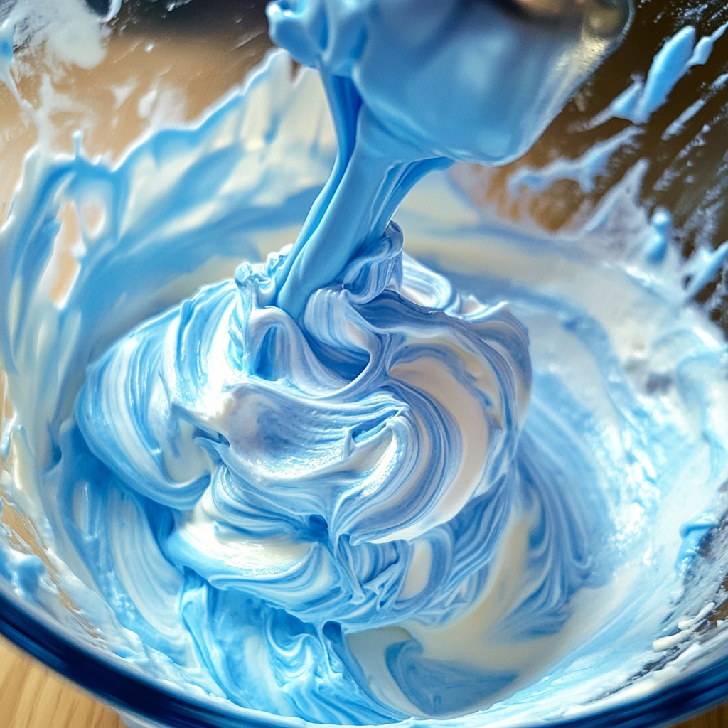 Mixing blue vanilla base for cookie monster ice cream