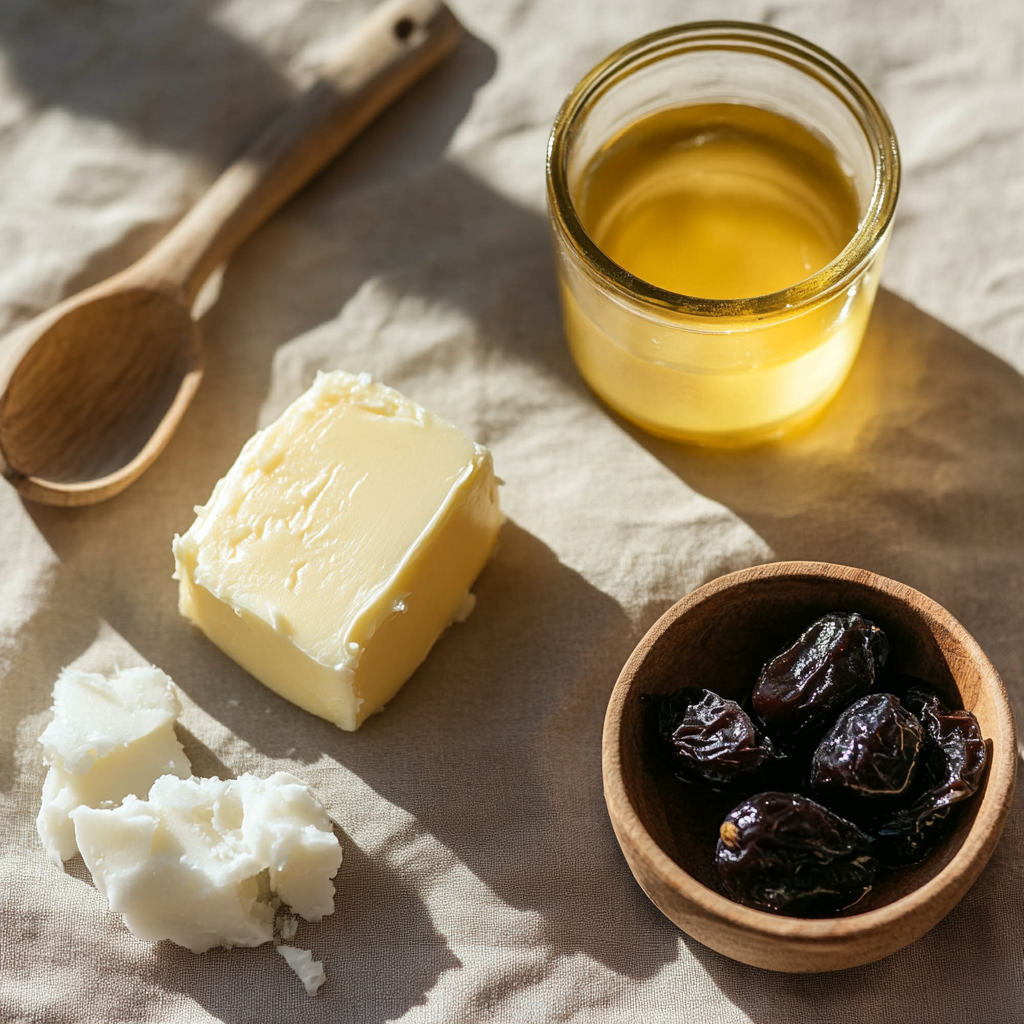 butter, ghee, and coconut oil with prune juice