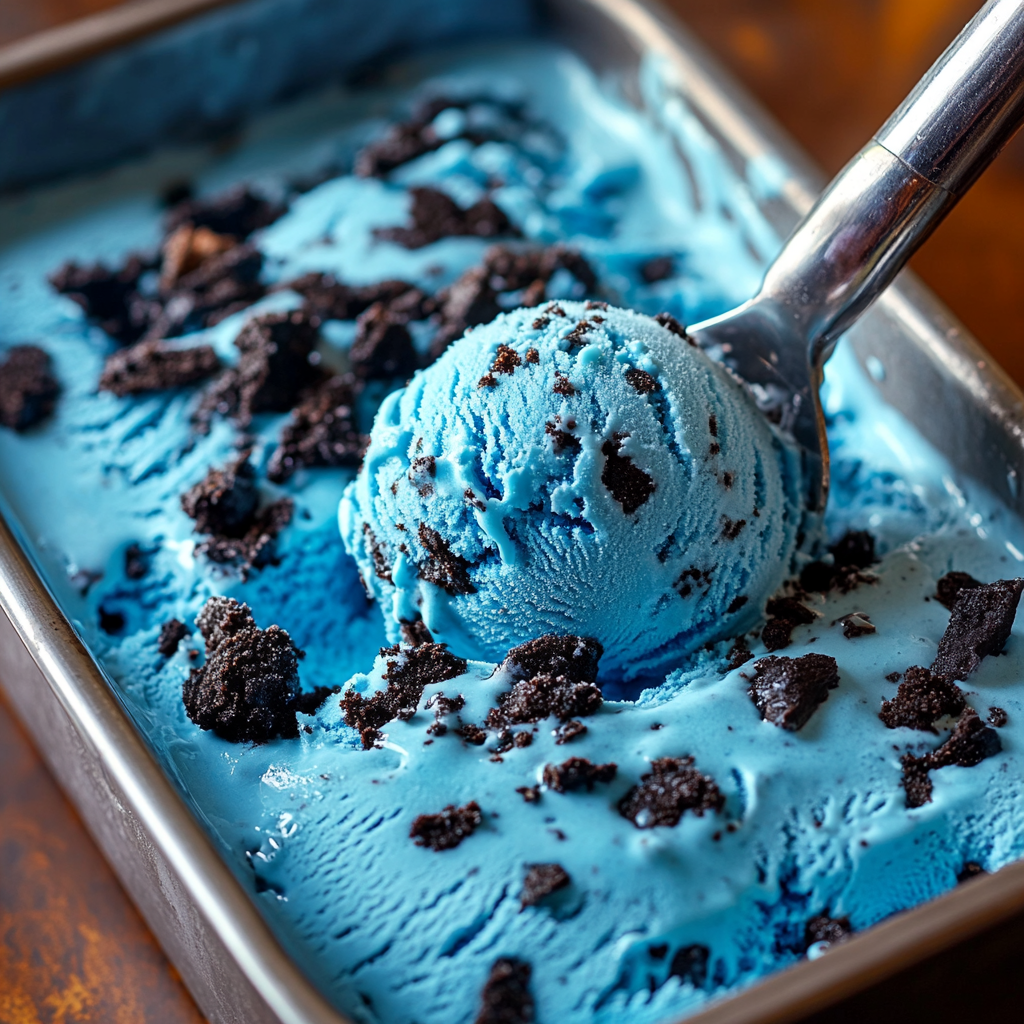 Scooping homemade cookie monster ice cream with cookies