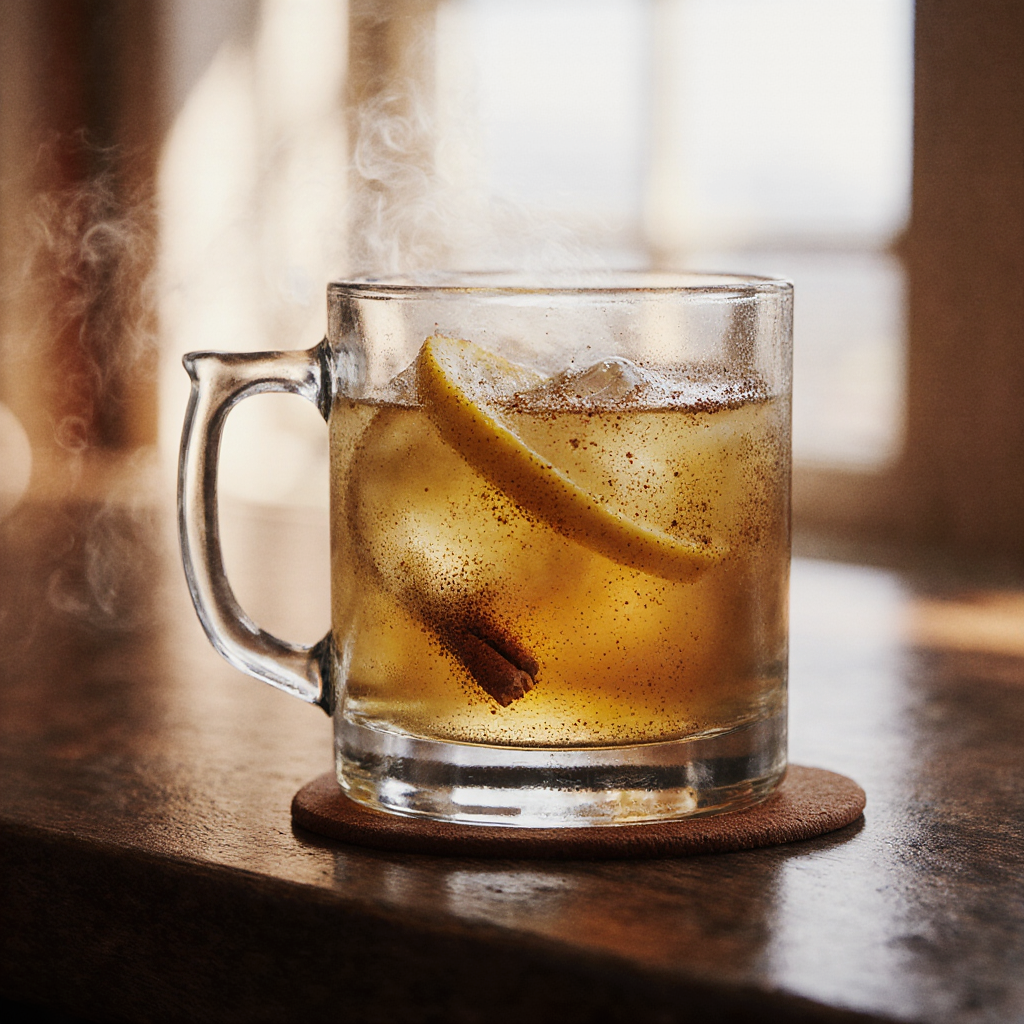 honey memory recipe drink with lemon, cinnamon, and ginger on rustic wooden table