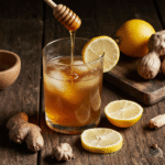Honey trick recipe drink with lemon, ginger, and raw honey in a cozy kitchen.