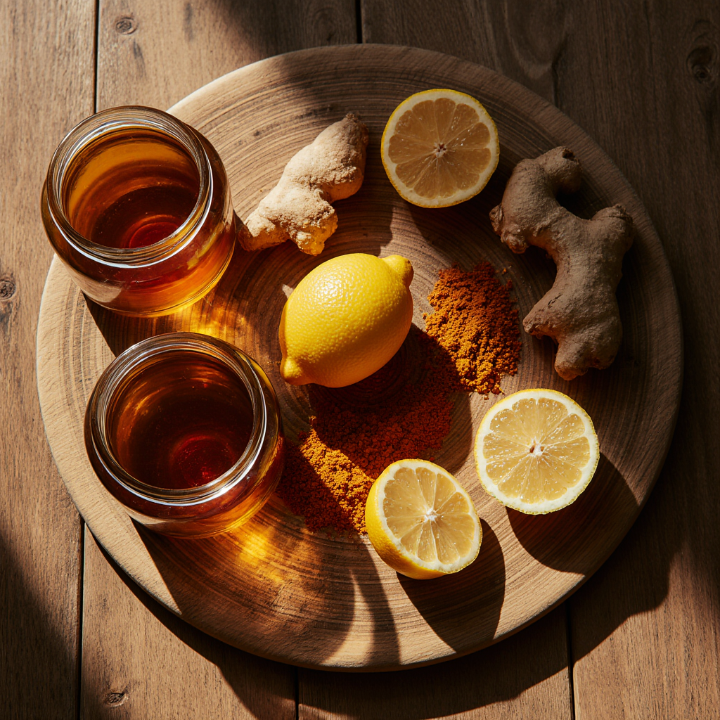 Ingredients for honey trick recipe including raw honey, lemon, ginger, turmeric, and cayenne.