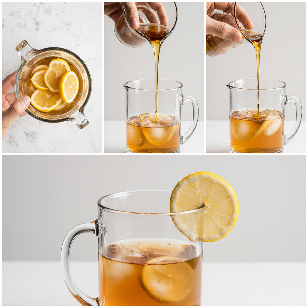 Warm water poured into a mug with ginger and lemon for honey trick drink.