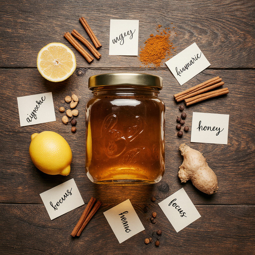 infographic showing honey memory recipe ingredients and brain health benefits like antioxidants, vitamin C, and focus