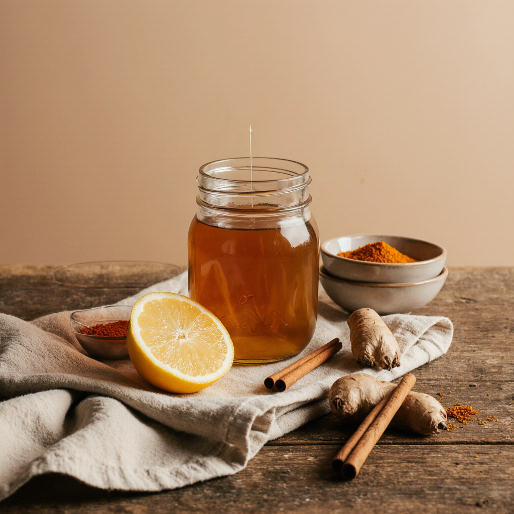 raw honey, lemon slices, ginger root, cinnamon sticks, and turmeric for honey memory recipe