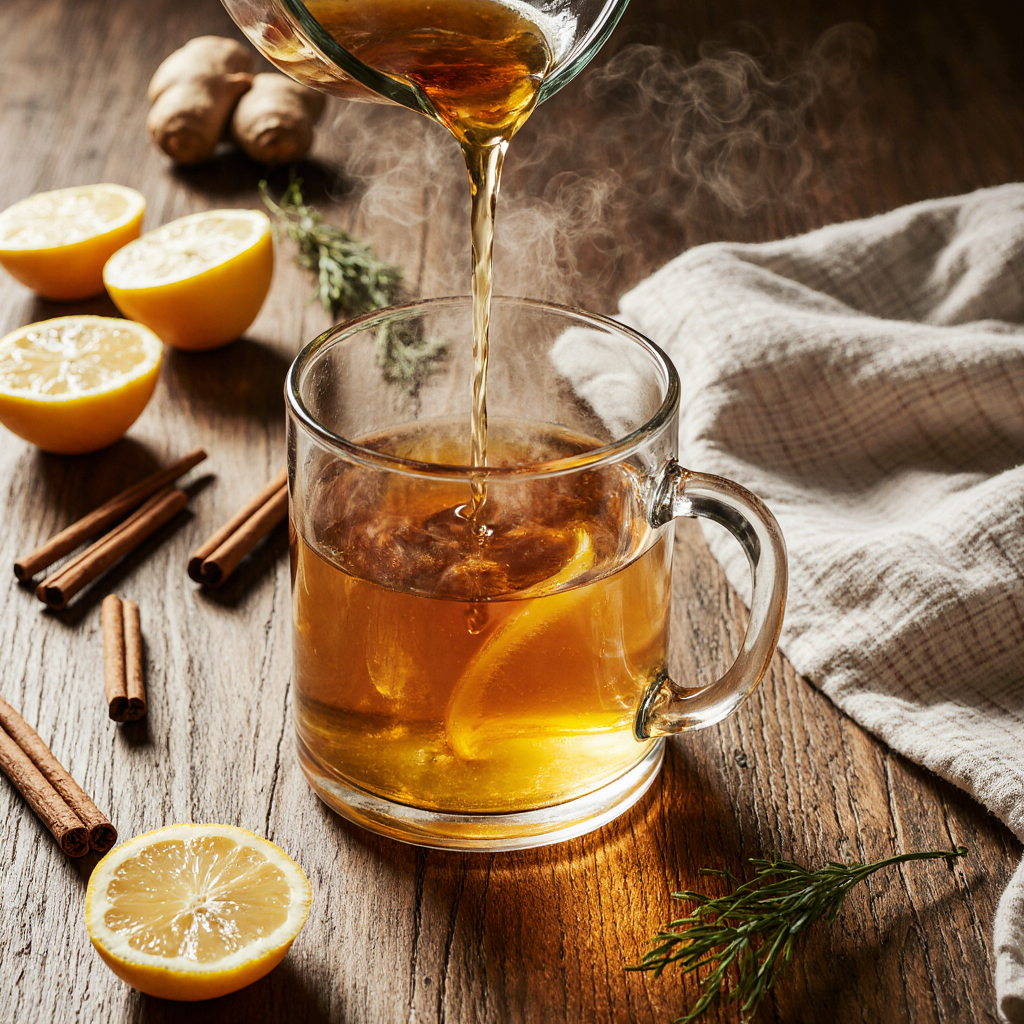 step by step preparation of honey memory recipe with warm water, lemon juice, ginger, cinnamon, and honey in glass mug