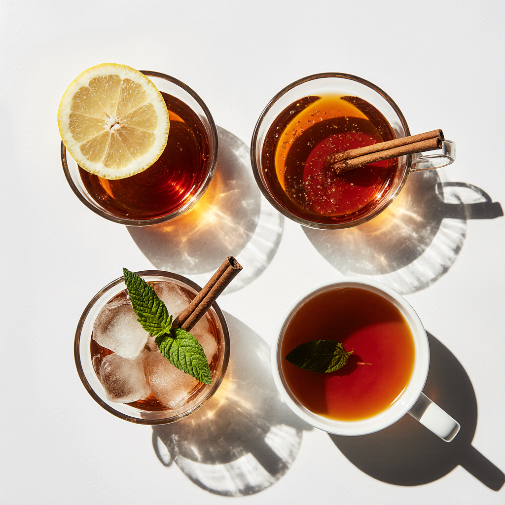 Four variations of Shilajit tea: with lemon, cinnamon, iced with mint, and plain.