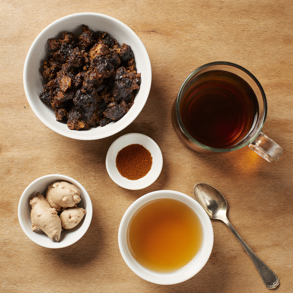 Ingredients for Shilajit tea recipe including resin, ginger, honey, and warm water.