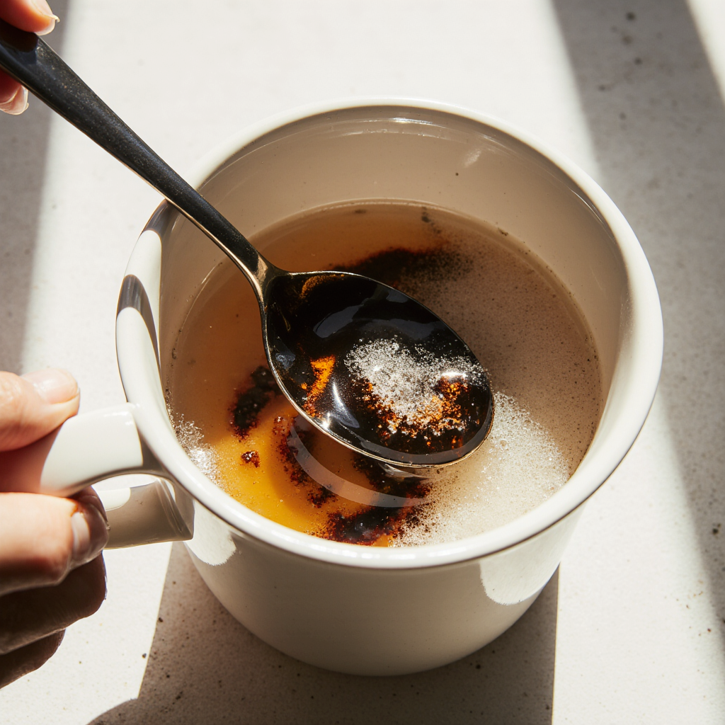 Stirring Shilajit resin into a mug of warm water.