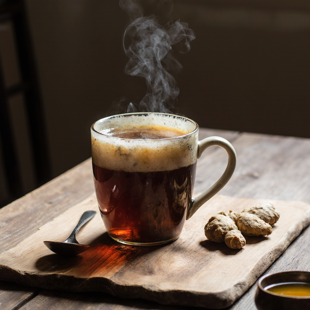 A steaming cup of Shilajit tea with honey and ginger on a rustic wooden table.