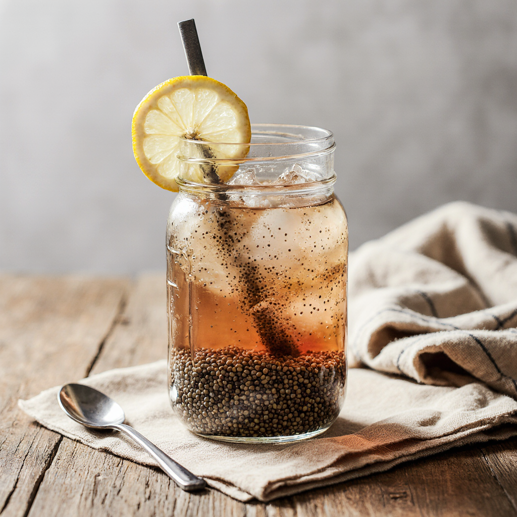 A tall glass mason jar containing a bariatric seed drink with gelled chia seeds and a slice of lemon.