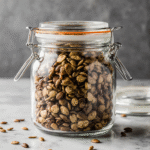 An arrangement of four small ceramic bowls on a rustic wooden table containing the core ingredients for a bariatric seed recipe: chia seeds, flax seeds, pumpkin seeds, and sunflower seeds