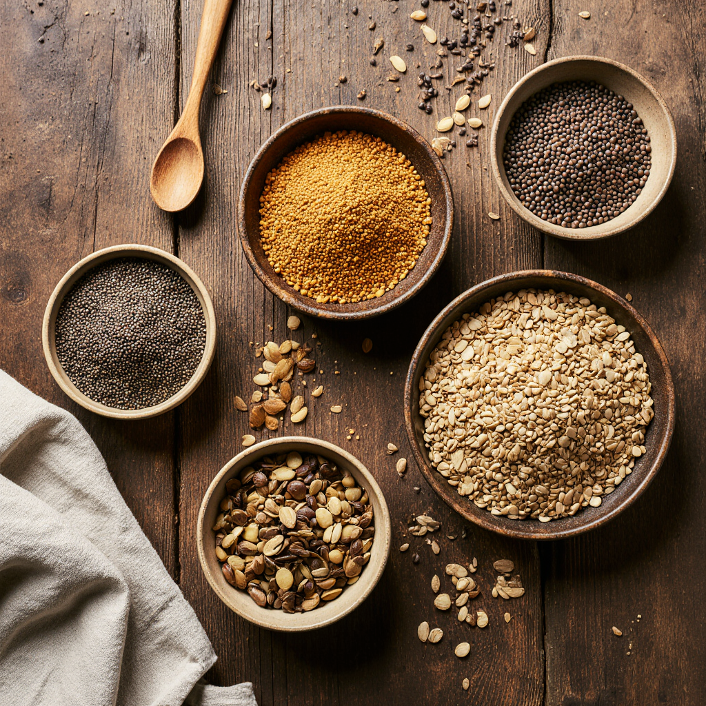 Four rustic bowls on a wooden background containing the ingredients for a bariatric seed recipe: chia seeds, flax, pumpkin, and sunflower seeds.