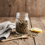 Bariatric Seed Ritual Recipe mix in a clear glass jar with seeds spilling on rustic wood.