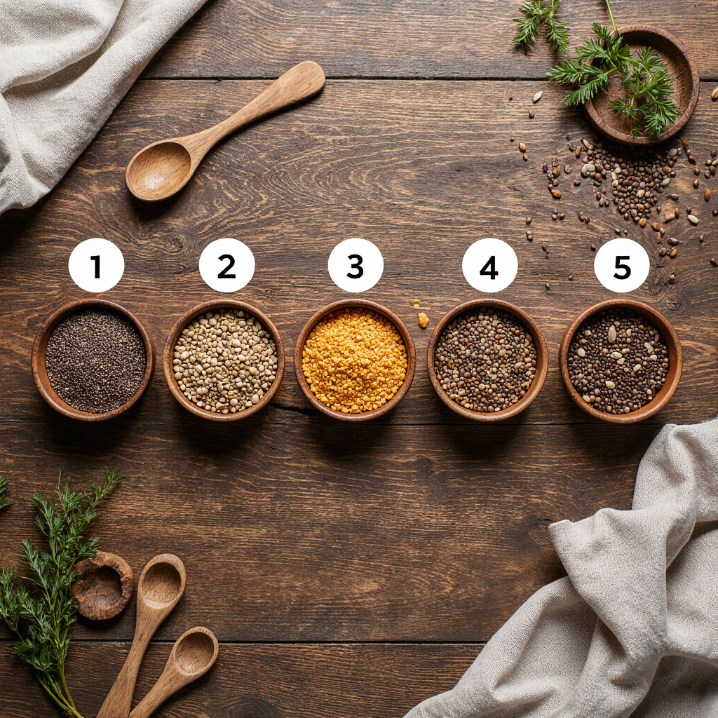 Five bowls of seeds representing the 5 golden rules of the Bariatric Seed Ritual Recipe.