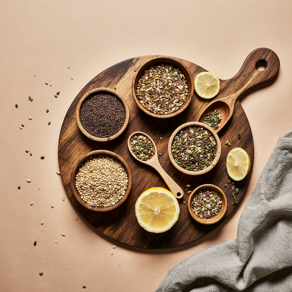 Bariatric Seed Ritual Recipe ingredients arranged on rustic wooden board.