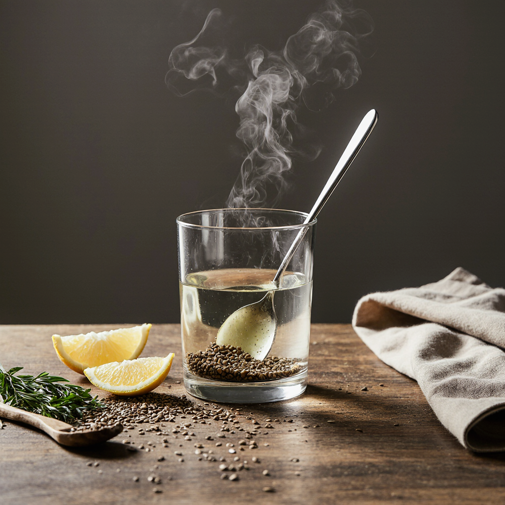 Bariatric Seed Ritual Recipe instructions with spoon stirring ground seeds in warm lemon water.