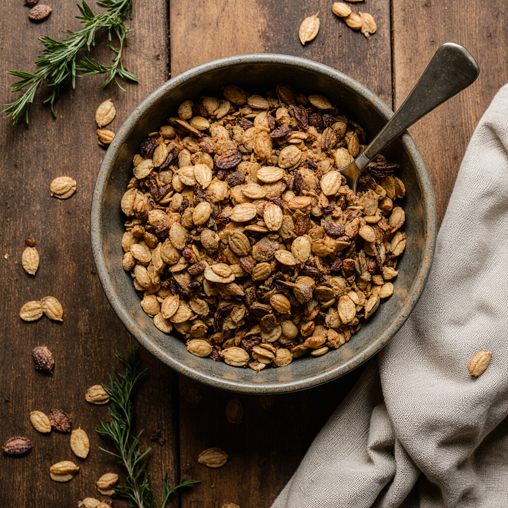 A handcrafted ceramic bowl filled with a golden-brown, crunchy roasted bariatric seed mix, ready to eat.