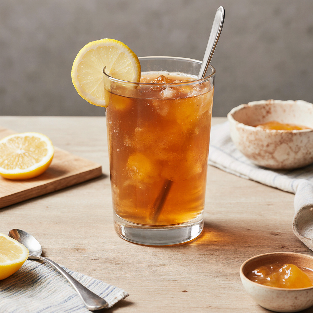 Glass of gelatin joint drink with lemon and honey on a rustic wooden surface.