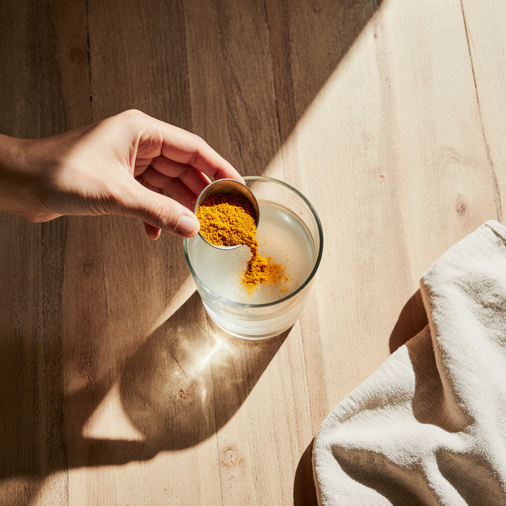 Hand stirring baking soda and turmeric into a glass of water