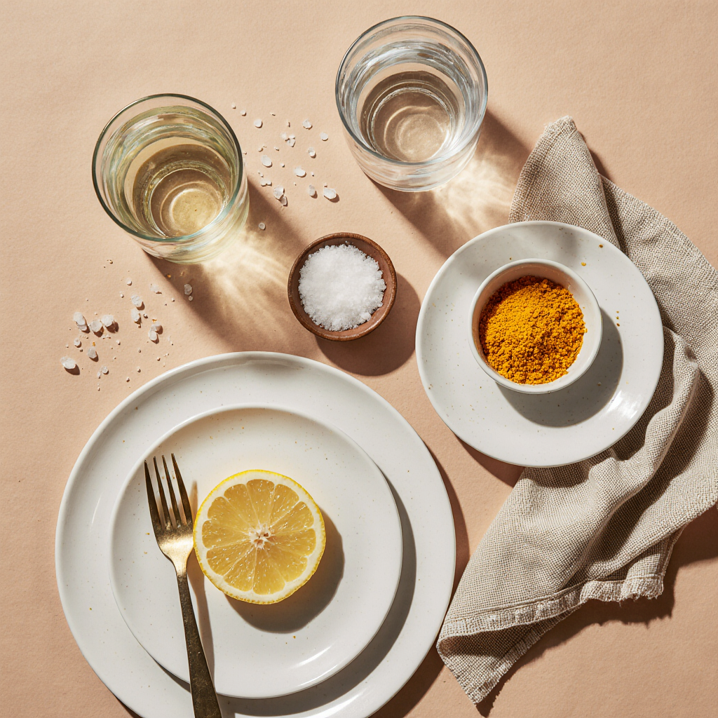 Glass of water with baking soda, turmeric, sea salt, and lemon for the baking soda trick recipe