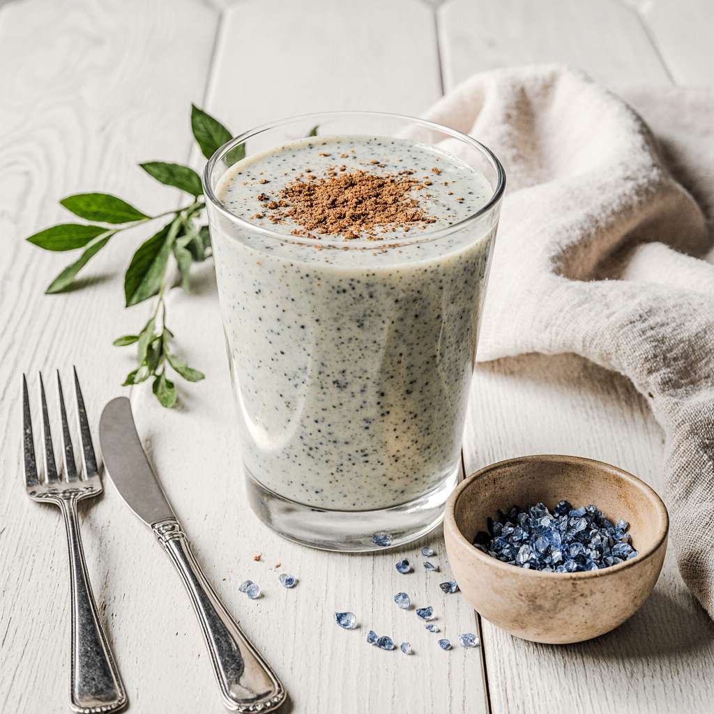 blue salt stamina drink made with banana almonds cinnamon and Persian blue salt on rustic table