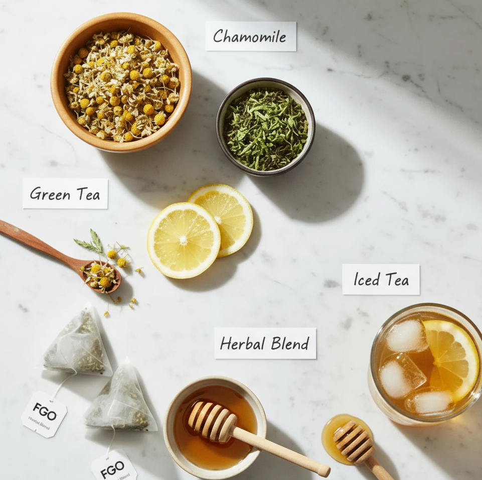 Side by side comparison of FGO Tea, Numi, and Traditional Medicinals tea bags cut open to show leaf quality on a clean wood background.