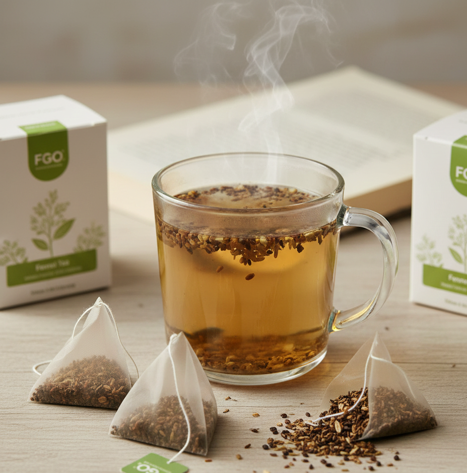 A warm flat lay of FGO Tea with a steaming mug, an open tea bag showing whole leaves, a gold spoon, and a soft rustic kitchen background.