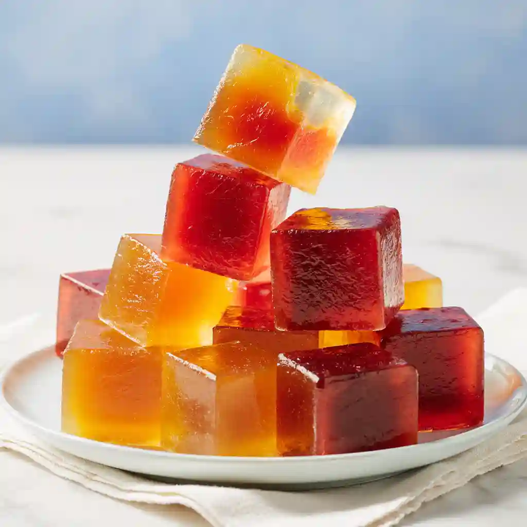 Clear gelatin trick recipe cubes arranged on a rustic wood board with soft light