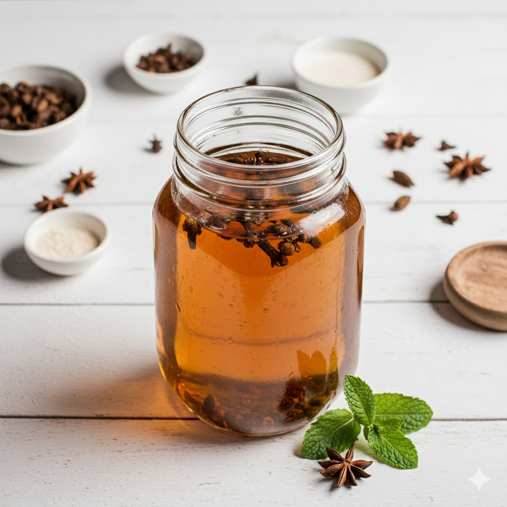 A pot with whole cloves simmering in water to prepare warm clove water.