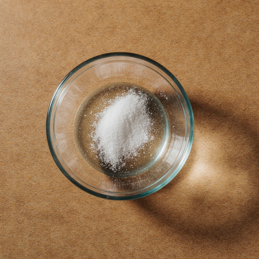 Gelatin sprinkled over cold water in a small bowl during the bloom step.