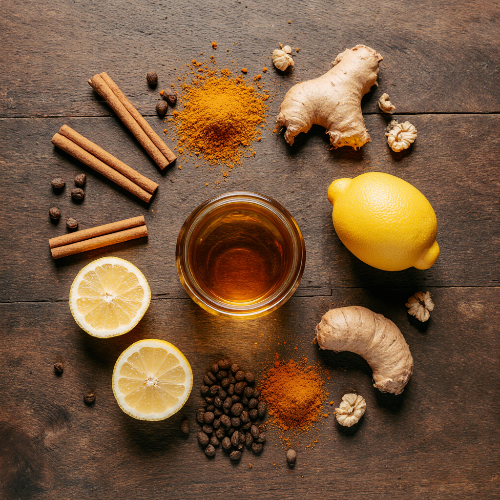 Flat lay of ingredients for honey recipe for brain health: honey, lemon, turmeric, and ginger.