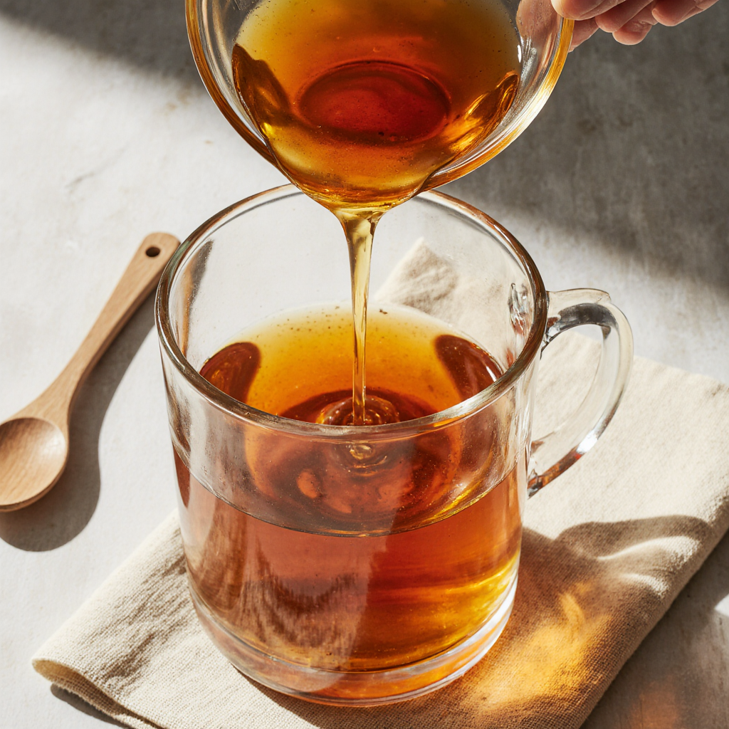 Stirring raw honey into a warm brain-boosting drink with cinnamon and turmeric.