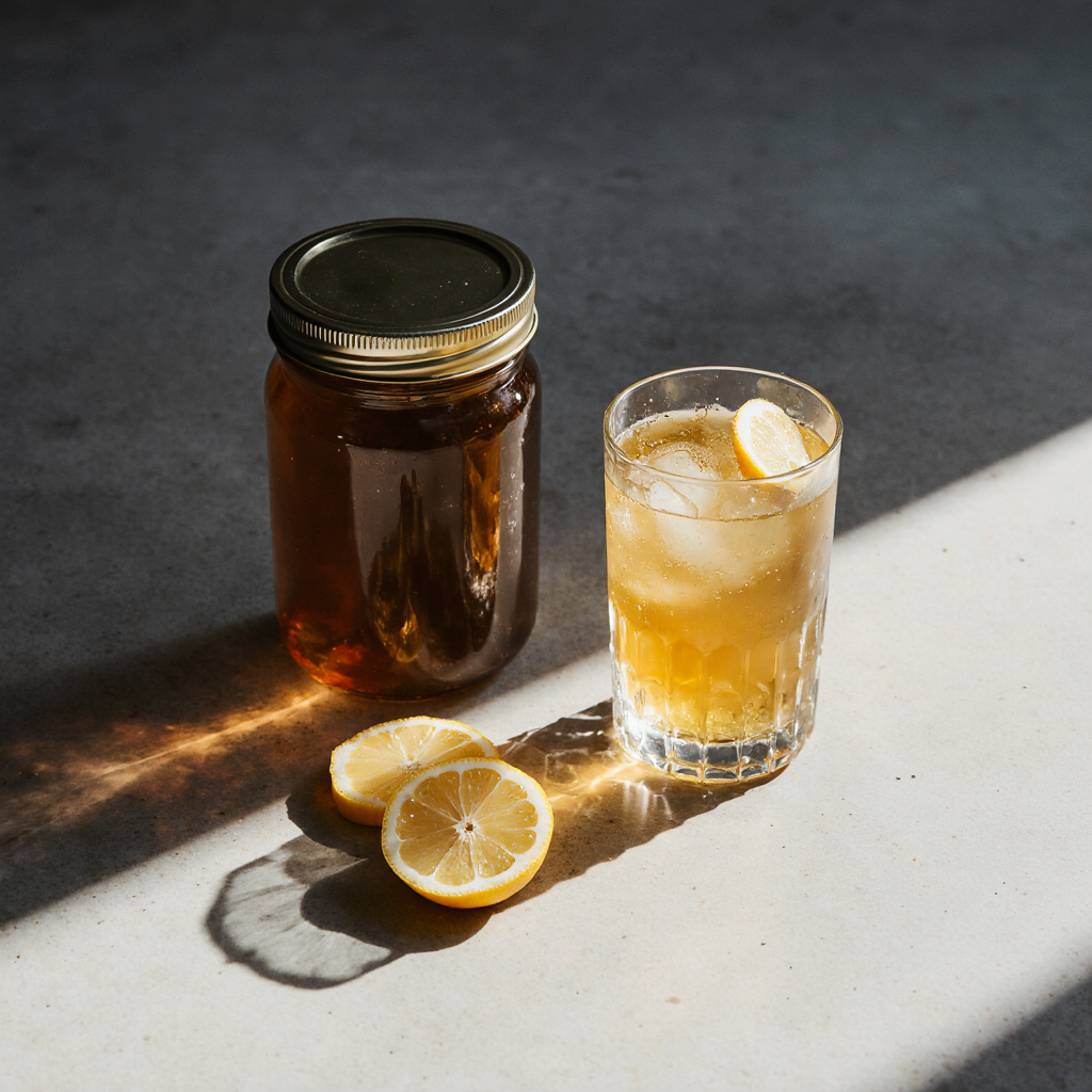 Lemon wedge and honey jar next to a warm gelatin joint drink.
