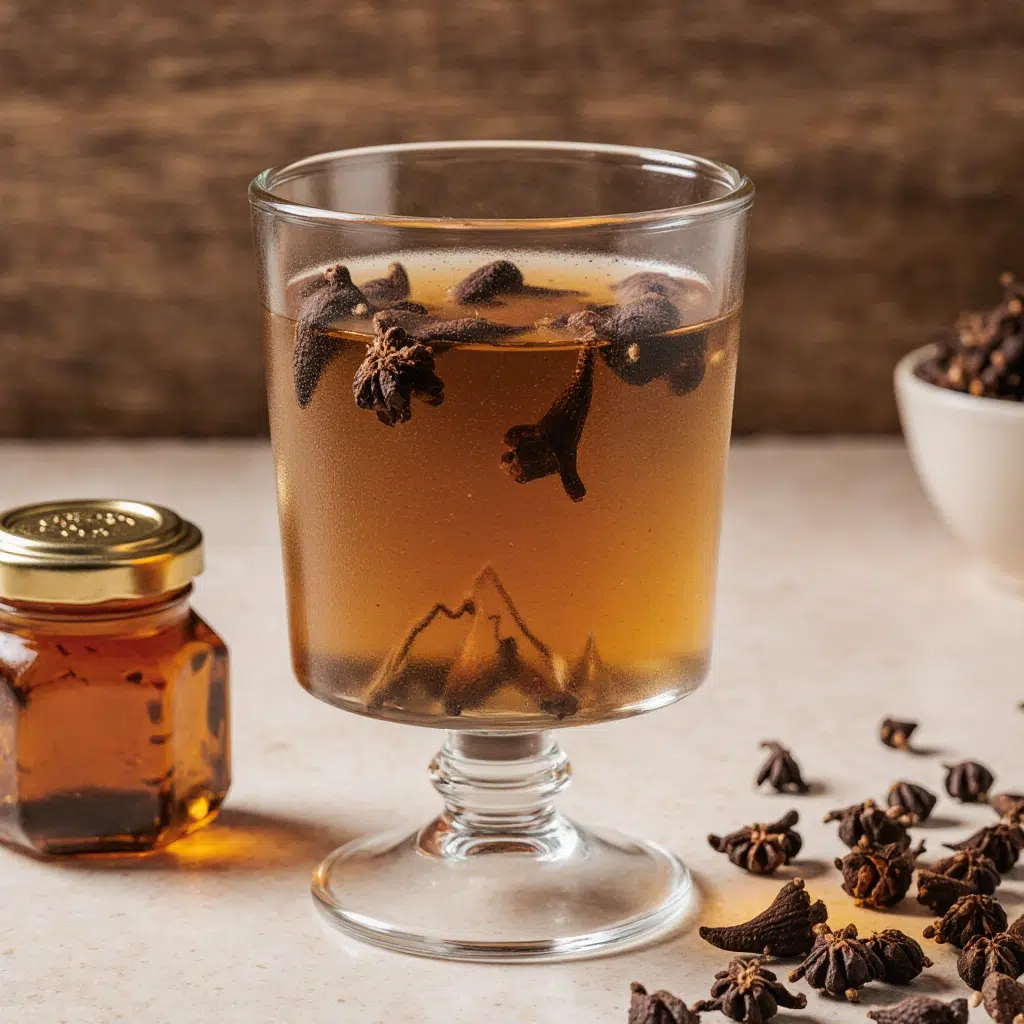 A clear glass filled with fresh Clove Water Recipe, on a rustic wood surface with whole cloves and a linen napkin.
