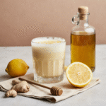 What Makes This Lemon Olive Oil Elixir So Popular Right Now 8 Creamy lemon olive oil elixir in a glass with whole lemon, ginger, honey, and olive oil on a rustic table.