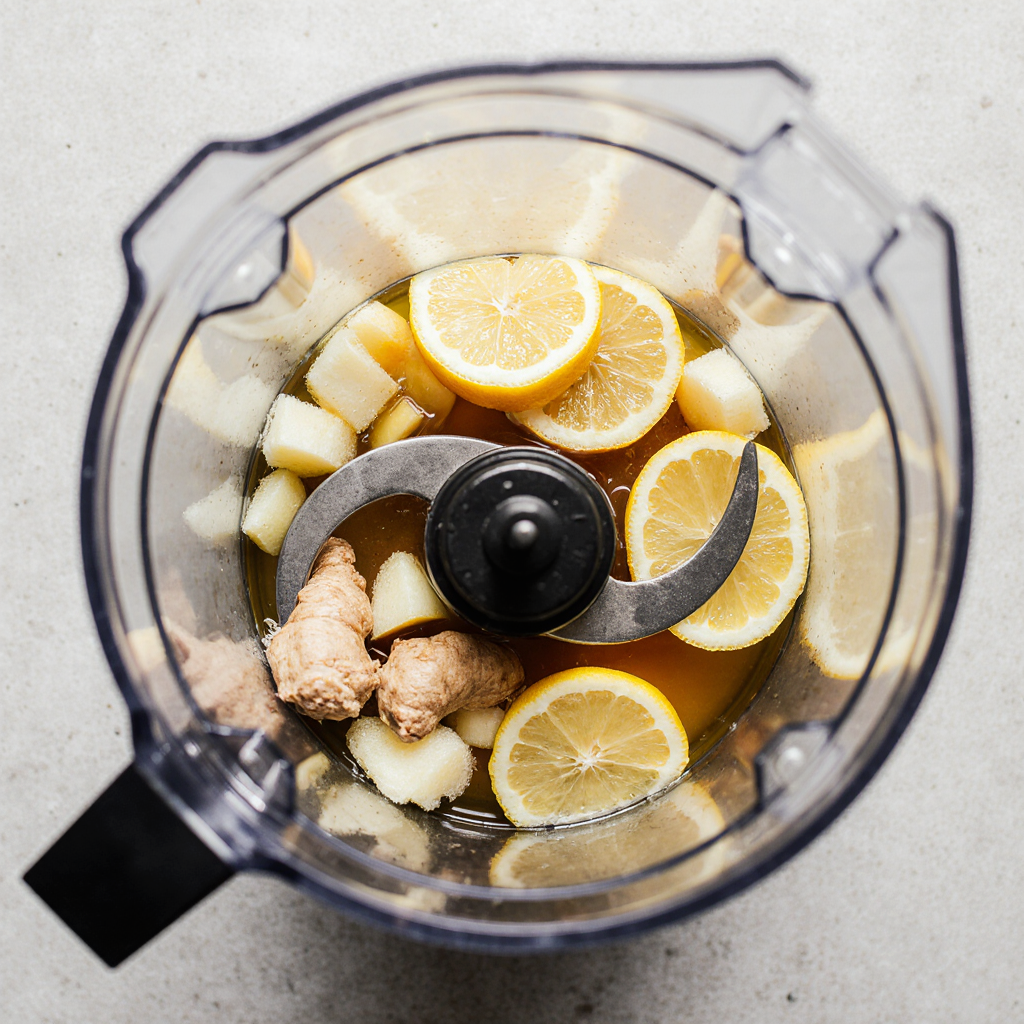 What Makes This Lemon Olive Oil Elixir So Popular Right Now 7 Blender filled with chopped lemon, ginger, honey, water, and olive oil for the lemon olive oil elixir.