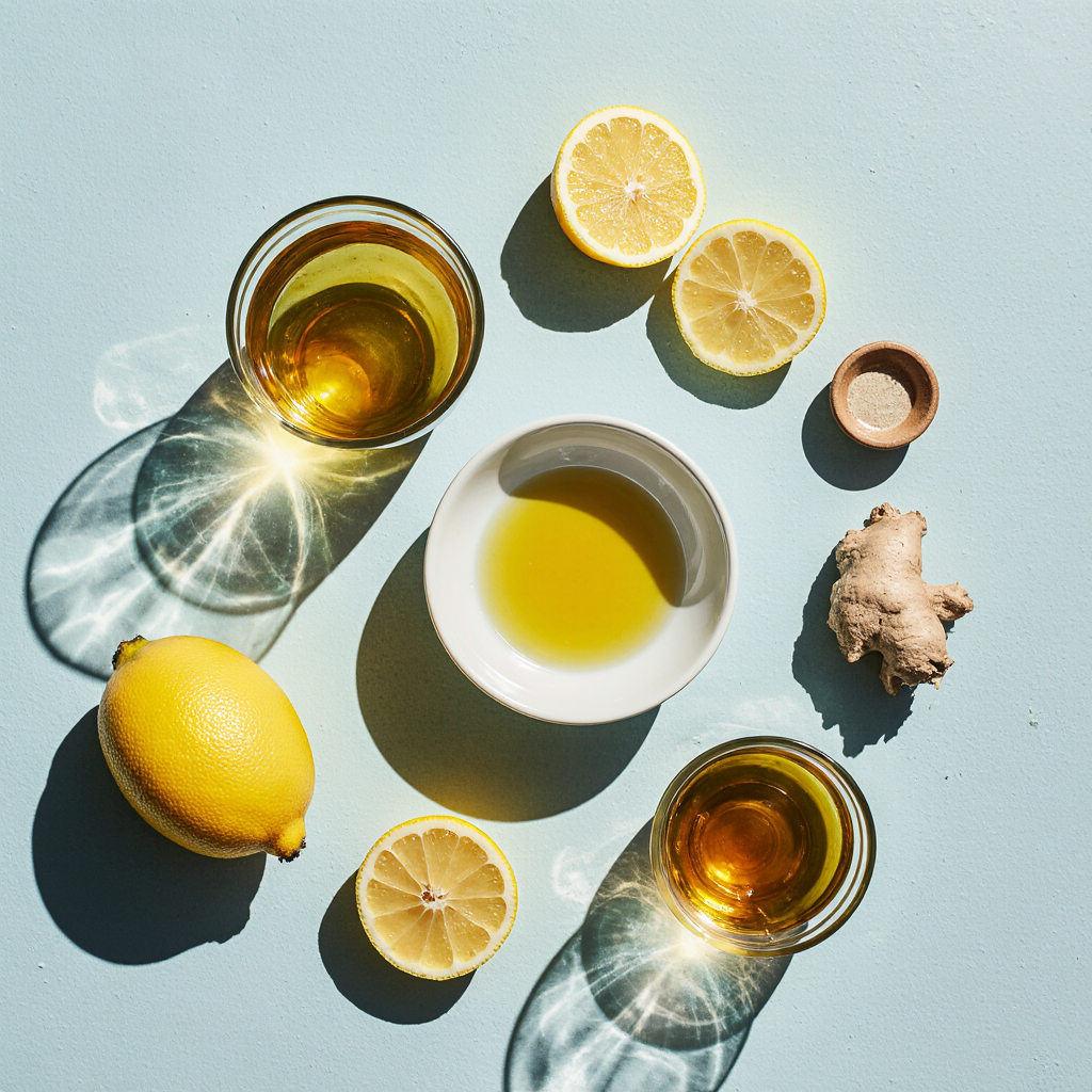 What Makes This Lemon Olive Oil Elixir So Popular Right Now 6 Flat lay of lemon, ginger, raw honey, and olive oil arranged for making the lemon olive oil elixir.