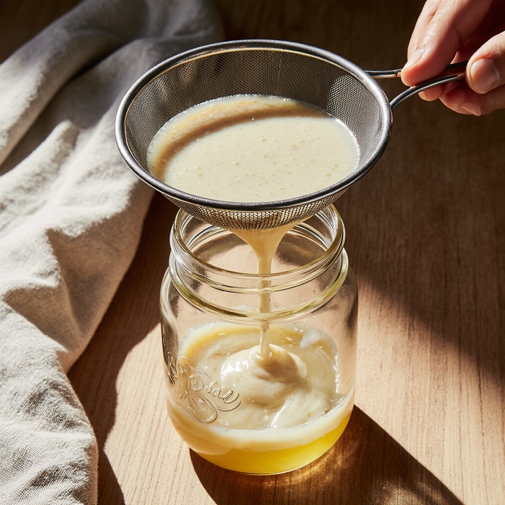 What Makes This Lemon Olive Oil Elixir So Popular Right Now 9 Creamy blended lemon olive oil elixir being strained through a fine mesh sieve into a jar.